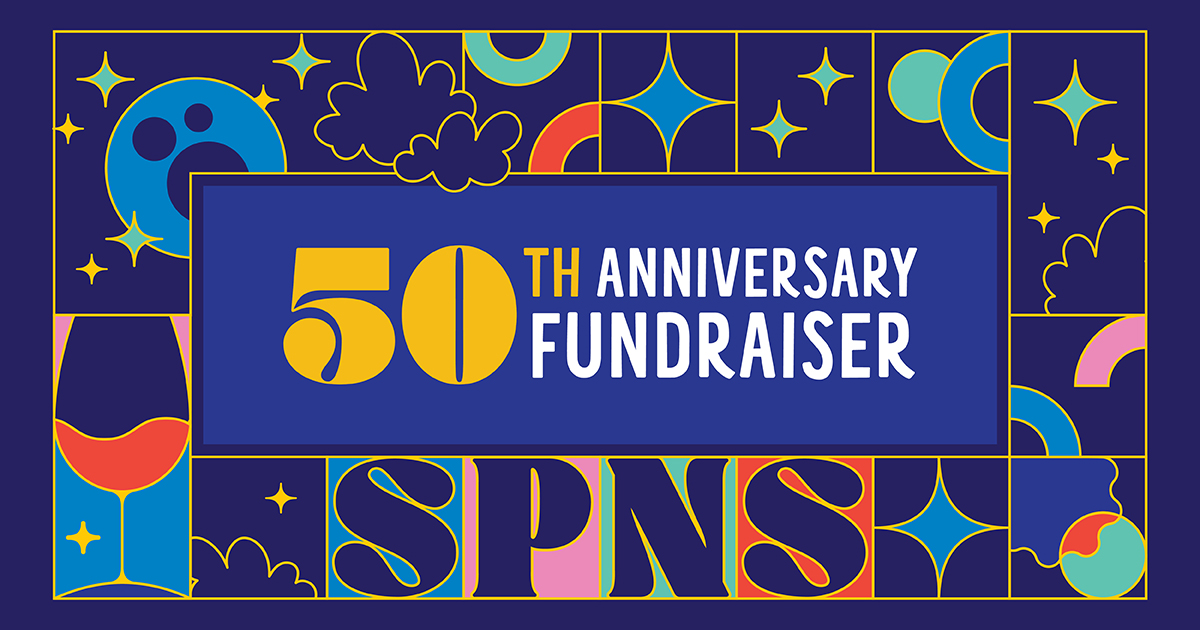 SPNS_50thAnniversaryFundraiser_WebsiteHeader_V1 Header for SPNS 50th Anniversary Fundraiser. Boxes of night sky and shape elements surround large text.